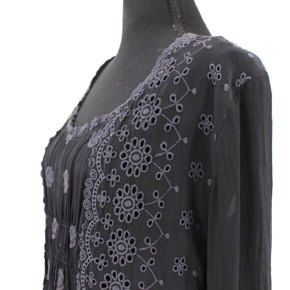 Johnny Was Black Floral Embroidered Eyelet Long Sleeve Mini Dress M Sheer Tunic - Picture 3 of 7